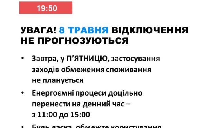 8 травня в Україні не прогнозують відключень світла